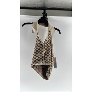 Witty Fox Womens Brown Beige Checkered Collared Halter Cropped Sweater L